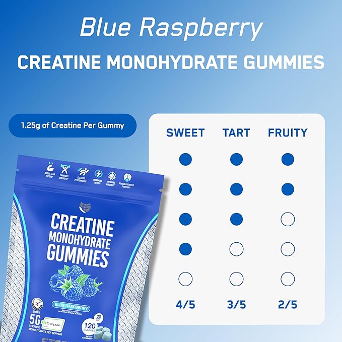 SteelFit Creapure Creatine Monohydrate Gummies for Men & Women, Blue Raspberry - Gym Workout Nutritional Supplements for Muscle Gain, Brain Health & Strength Building Dietary Supplement, 120 Gummies