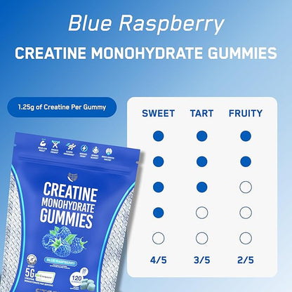 SteelFit Creapure Creatine Monohydrate Gummies for Men & Women, Blue Raspberry - Gym Workout Nutritional Supplements for Muscle Gain, Brain Health & Strength Building Dietary Supplement, 120 Gummies