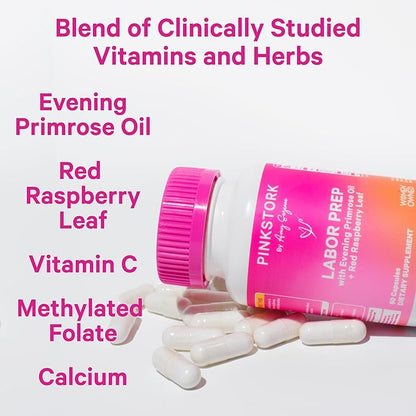 Pink Stork Labor Prep Supplement – Evening Primrose Oil & Red Raspberry Leaf for Third Trimester, Gentle Labor & Postpartum Support, Pregnancy & Breastfeeding Safe, 60 Vegan Capsules