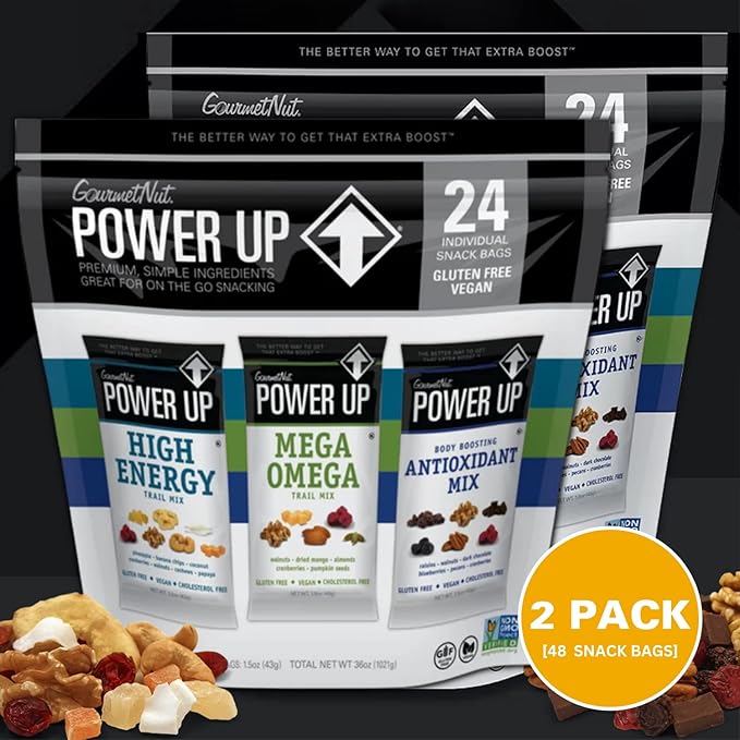 Gourmet Nut Power Up Trail Mix, 2 Pack of 36 Ounce Bags - 100% Natural, Mega Omega Blend, High Energy Snack Assorted - 48 Count Individually Wrapped Packs