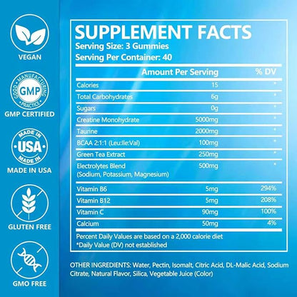 Creatine Monohydrate Gummies Complex 8000mg for Men and Women Creatine with Taurine BCAA Electrolyte for Strength Energy&Muscle Support Pre-Workout Gummies Sugar Free 120pcs