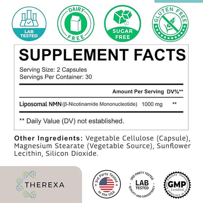 NMN Supplement 1000mg Pure - Liposomal NMN for NAD+ Supplement, Tested in USA, 60 Capsules