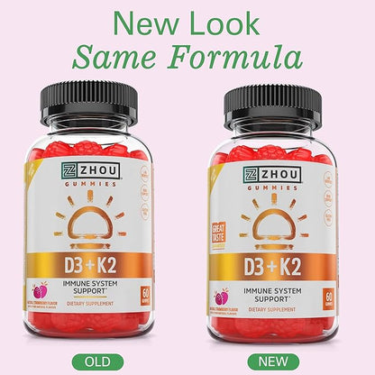 Zhou D3+K2 - Vitamin D3 K2 Supplement for Women & Men, Immune Support Vit D3 and K2 Gummy, Gelatin Free Formula with 5000 IU of D3 and MK-7 - 60 Veggie Gummies (Pack of 1)