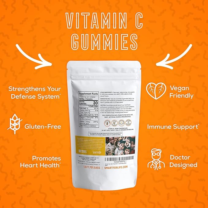 Smart for Life Vitamin C Gummies - Plant-Based Vegan Vitamin C Gummies Natural Orange Flavor - Immune Support Gummies for Adults and Kids - Non-GMO - Dietary Supplement - 60 Count