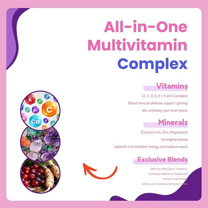 All-in-One Women's Multivitamin Gummies with Complete Vitamin & Mineral Complex, Herbal Blends for Energy, Overall Health, High Potency Hair Skin and Nails Vitamins, Strawberry Flavor, 2 Pack