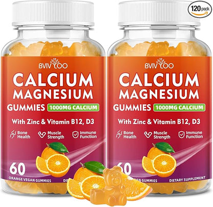 2 Pack Calcium Gummies 1000mg with Vitamin D3 K2 & B Complex, Potassium, Calcium Magnesium Zinc Gummies for Bone, Muscle, Mood and Immunity - Orange Flavor 120 Gummies