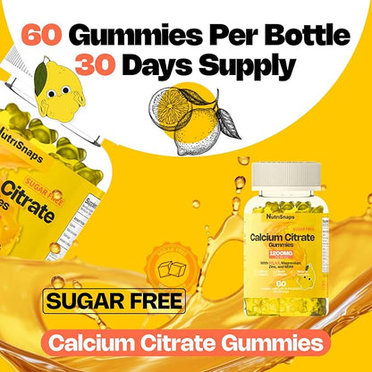 Sugar Free Calcium Citrate Gummies 1200mg with Vitamin D3 K2, Magnesium, Zinc, MSM for Men & Women, Bone, Muscle, Immune Support, Ultimate Absorption Calcium Supplement, Vegan, 60 Count