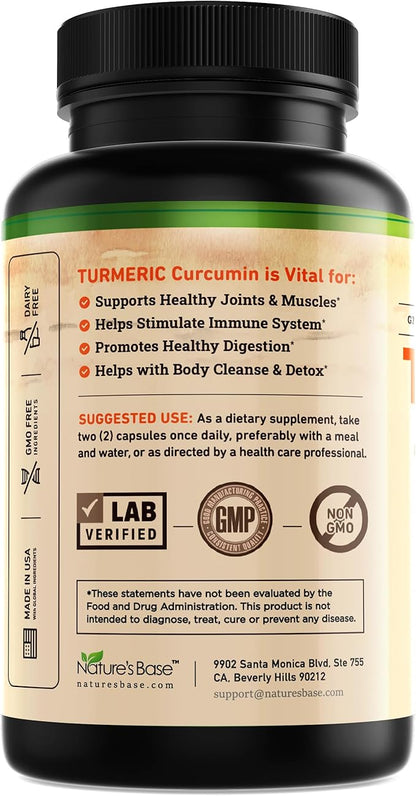 Nature's Base Turmeric and Ginger Supplement - with Curcumin, Apple Cider Vinegar & BioPerine Black Pepper Extract - 95% Curcuminoids - 240 Capsules