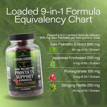 BUCKLEBURY 9-in-1 Natural Saw Palmetto Gummies with Raspberry & Pomegranate Flavor - Plant-Based Prostate Support Supplements for Mens Bladder Health, Hair Growth & Urinary Support - 60 Gummies