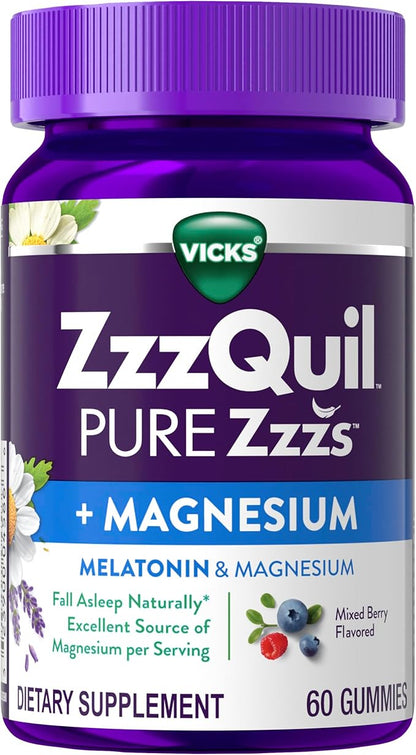 ZzzQuil Pure Zzzs + Magnesium, Sleep Aid, Magnesium Citrate and Melatonin Gummies, Melatonin 2mg, Sleep Aids for Adults, Mixed Berry Flavored, 60 Sleep Gummies
