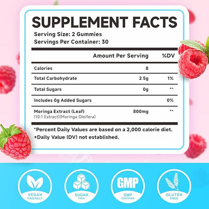 Moringa Gummies - Pure Moringa Leaf Supplement for Adults, Contains Essential Vitamins, Antioxidants & Amino Acids, Sugr-Free, Raspberry Flavor, 60 Count