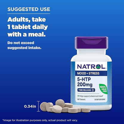 Natrol 5-HTP 200mg Dietary Supplement to Support a Balanced Mood, 60 Time Release Tablets, 60 Day Supply