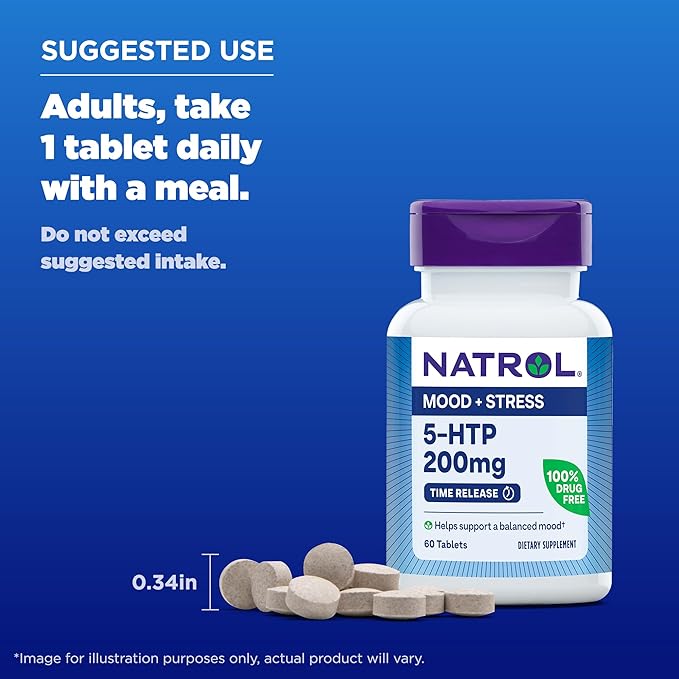 Natrol 5-HTP 200mg Dietary Supplement to Support a Balanced Mood, 60 Time Release Tablets, 60 Day Supply,(Pack of 2)