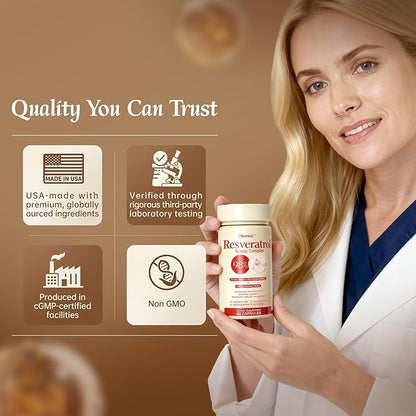 Resveratrol Supplement 98% High Purity Trans-Resveratrol Complex with Collagen Peptides & Hyaluronic Acid,Quercetin,Antioxidant Support for Skin & Beauty,Immune Health,Gluten-Free,60 Capsules