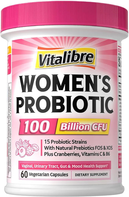 Probiotics for Women 100 Billion CFU 15 Strains, DailyProbiotic & Prebiotic Supplement with Organic Cranberry to SupportVaginal, Digestive, Immune Health, Shelf Stable, 60 Vegan Capsules