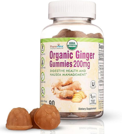 Pharmvista USDA Organic Ginger Gummies 200mg 90 Count for Nausea Management and Digestive Health