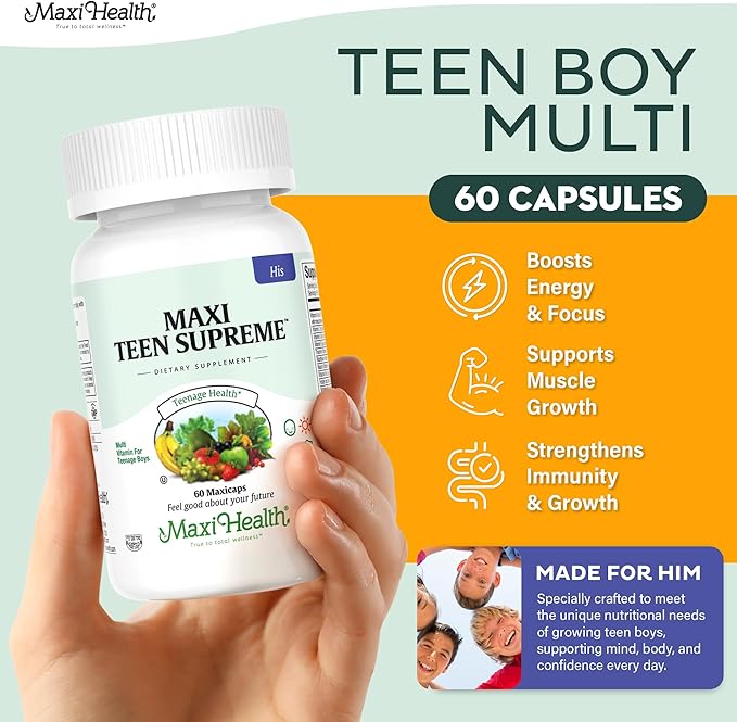 Teen Vitamins for Boys 12-17 - Teen Multivitamin Supreme with D3, Iron, Calcium, Biotin, Digestive Enzymes – Teenager Boy Multi Vitamins for Energy, Brain & Mood Support – 60 Count