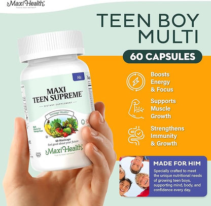 Teen Vitamins for Boys 12-17 - Teen Multivitamin Supreme with D3, Iron, Calcium, Biotin, Digestive Enzymes – Teenager Boy Multi Vitamins for Energy, Brain & Mood Support – 60 Count