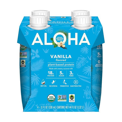 ALOHA Organic Plant-Based Protein Drink – Vanilla Flavor | GLP-1 Friendly with 18g Protein, 5g Sugar, 3g Fiber | Made w/Creamy Coconut Milk, No Stevia | Vegan, Non-GMO, Gluten-Free, 11oz (12 Pack)
