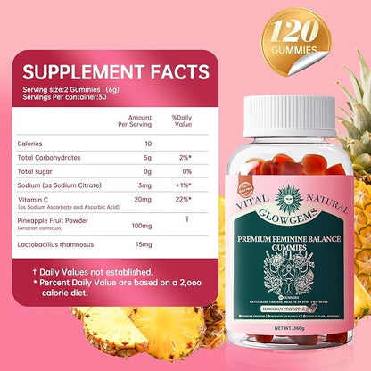 Premium Feminine Balance Gummies for Women - pH Balance & Wellness Support with Hawaiian Pineapple, Vegan Gluten-Free Supplement Vaginal Probiotic 120 Count