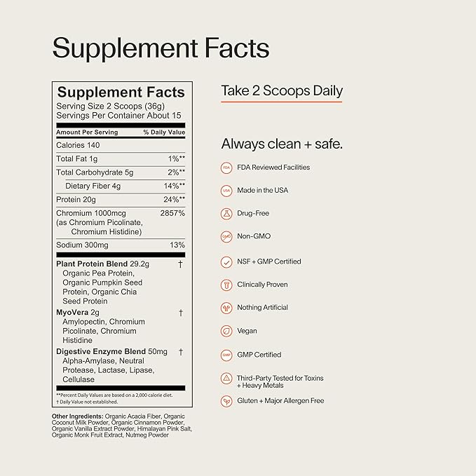 Veracity Plant-Based Protein Powder - Vanilla Cinnamon - MyoVera for Smarter Protein Utilization - Organic, Sugar Free Protein for Metabolic Health - 15 Servings (20g Protein/Serving)