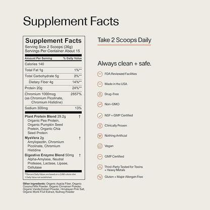 Veracity Plant-Based Protein Powder - Vanilla Cinnamon - MyoVera for Smarter Protein Utilization - Organic, Sugar Free Protein for Metabolic Health - 15 Servings (20g Protein/Serving)