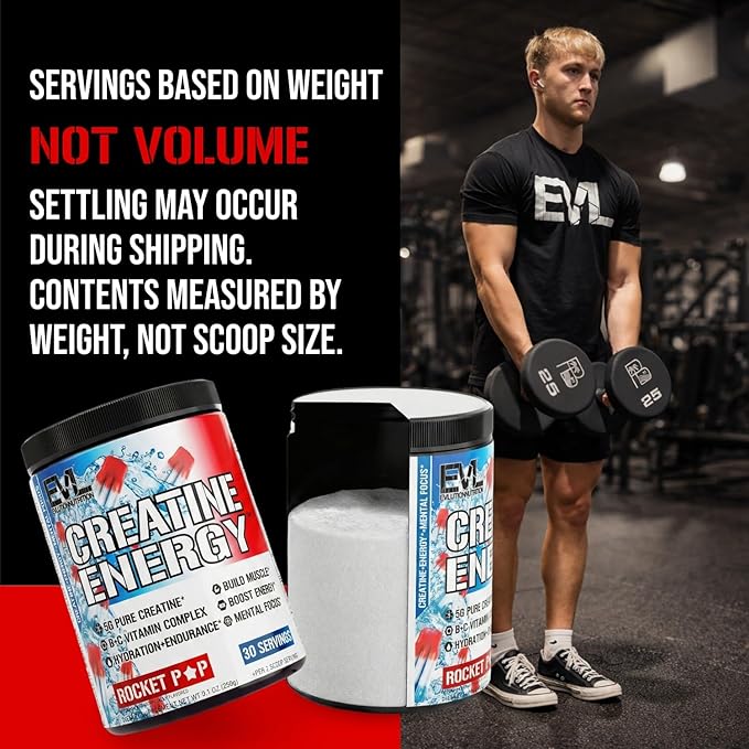 Evlution Nutrition Creatine Energy - Supports Muscle Growth, Boosts Energy, Endurance & Cognition - 5g Pure Creatine Monohydrate Per Serving - B + C Vitamin Complex - 30 Servings - Rocket Pop