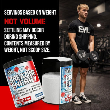 Evlution Nutrition Creatine Energy - Supports Muscle Growth, Boosts Energy, Endurance & Cognition - 5g Pure Creatine Monohydrate Per Serving - B + C Vitamin Complex - 30 Servings - Rocket Pop