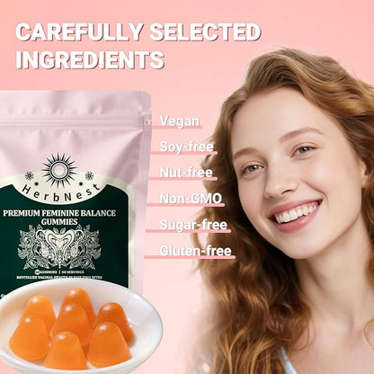 Feminine Balance Gummies - 0 Sugar Vaginal Probiotics for Women - Supports pH Balance & Odor Control - 60 Gummies (30 Days)