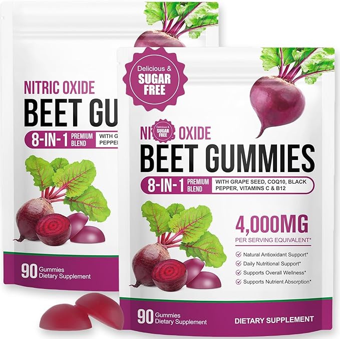Super Beetroot Gummies, 8 in 1 Beet Root 4,000mg with Grape Seed Extract & CoQ10, Sugar Free - 90 Count (2)