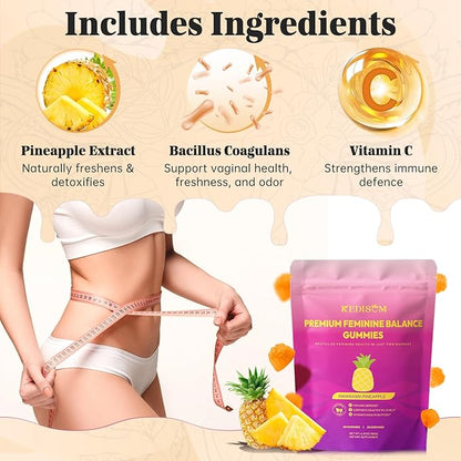 Premium Feminine Balance Gummies - for Women’s Health & Wellness - Immune Support - Vegan, Gluten-Free - Hawaiian Pineapple - 60 Gummies - 30 Servings