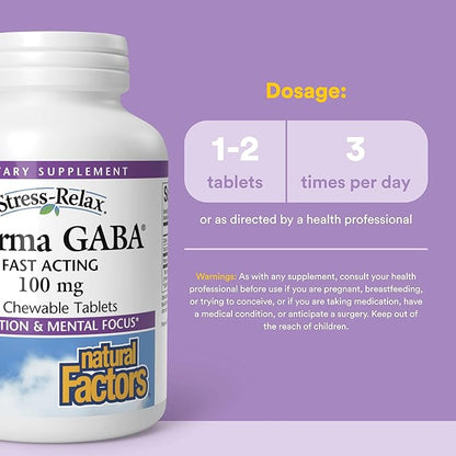 Natural Factors Pharma GABA - Dietary Supplement Supports Calm Sleep & Sleep Quality - Natural, Fast-Working Supplement Aids Focus & Brain Health - 60 Chewable Tablets (30 Servings)