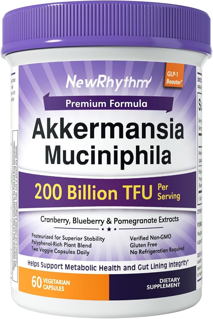 NewRhythm Akkermansia Muciniphila for Women & Men 200B TFU, Naturally Increase GLP-1 Metabolism Booster Gut Lining Repair, Cranberry Blueberry Pomegranate Extracts, Vegan, 60 Caps