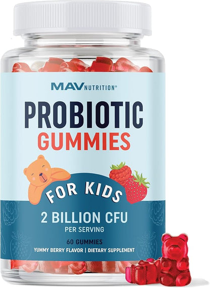 Kids Probiotic Gummies | 2 Billion Probiotics + 100mg Prebiotic Fiber for Immune & Digestion Support | Low Sugar Per Serving | For Children Ages 2+ | Gluten-Free, Non-GMO | Berry Flavor | 60 Ct