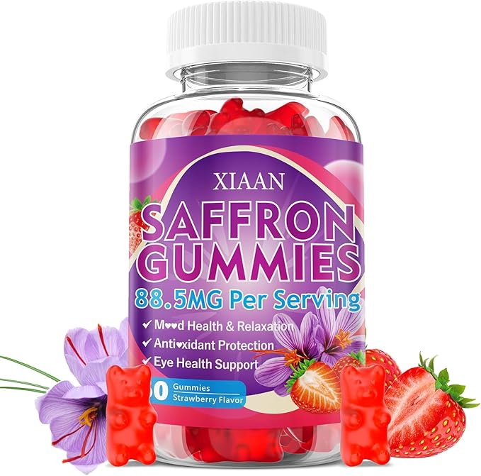 Saffron Supplements for Kids & Adults, 10 in 1 Saffron Gummies 88.5mg Saffron Extract with Ashwagandha, L-Theanine for Calm, Zzz, Antioxidant, Sugar-Free/Organic, Strawberry Flavor 60 Count
