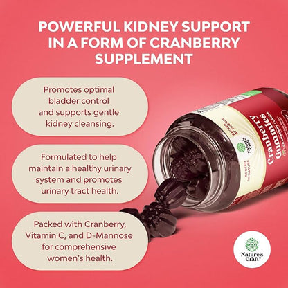Natural Cranberry Gummies for Women and Men - Extra Strength Delicious Antioxidant Cranberry Chews for Urinary Tract Health Kidney Support Bladder & Immune Health - Vegan Gluten & Gelatin Free - 60ct