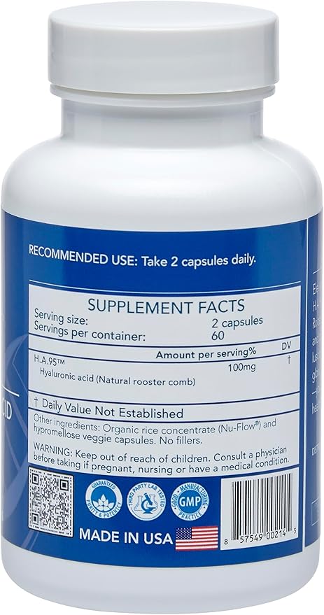 Longevity by Nature H.A.95 Hyaluronic Acid Supplements, Antioxidant, Skin Hydration, Eye, Joint, Natural Rooster Comb, 60 Capsules