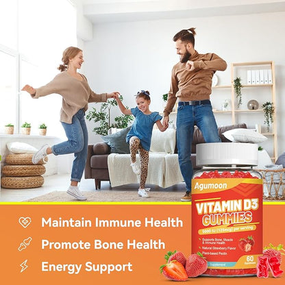 Vitamin D3 5000 IU 125mcg Gummies - Vitamin D Gummies for Adults, Support Immune, Bone, Muscle Health - Non-GMO, Gluten-Free, Dairy-Free, No Gelatin, 60 Count, Strawberry Flavor