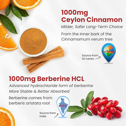 Organic Ceylon Cinnamon Berberine Supplement Gummies Sugar Free Berberine HCl Complex Gummy, Berberine with Ceylon Cinnamon, Bitter Melon, Chromium & Magnesium Glycinate, Vitamin B6 & B12, Vegan, 60ct
