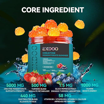 Creatine Monohydrate Gummies with Turmeric for Men and Women Creatine with Taurine Electrolyte for Strength Energy&Muscle Support Pre-Workout Gummies Sugar Free 120pcs