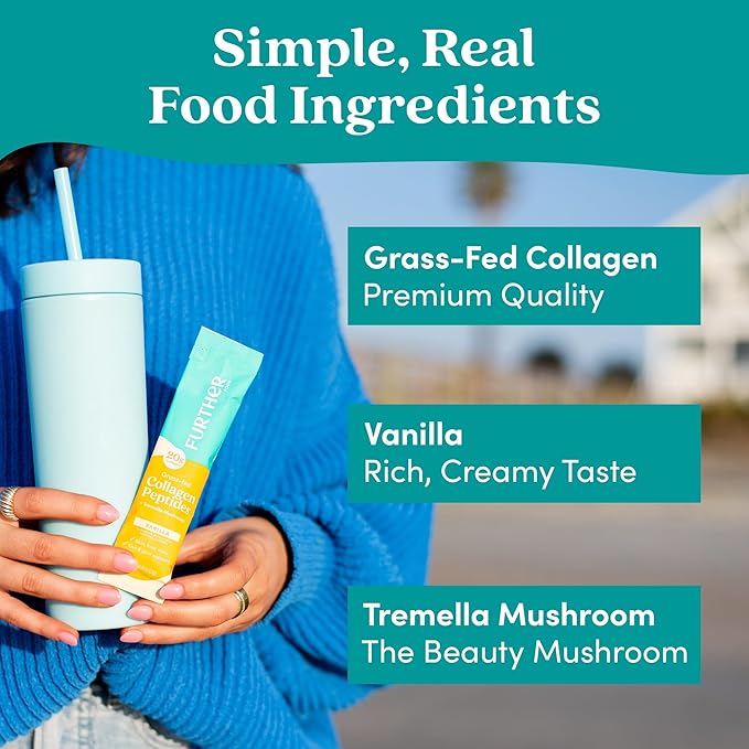 Further Food Vanilla Collagen Peptides Powder with Tremella Mushroom – 100% Grass-Fed, Hydrolyzed Type 1 & 3, 20g of Collagen per Serving, Supports Skin, Hair, Nails & Joints, Stick Packs, 8.89 Oz