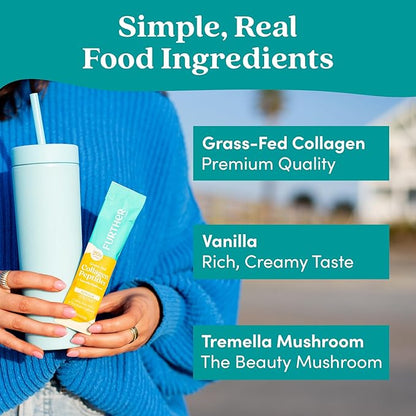 Further Food Vanilla Collagen Peptides Powder with Tremella Mushroom – 100% Grass-Fed, Hydrolyzed Type 1 & 3, 20g of Collagen per Serving, Supports Skin, Hair, Nails & Joints, Stick Packs, 8.89 Oz