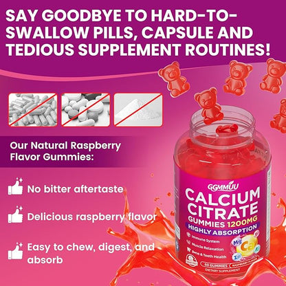 2 Pack Calcium Citrate Gummies 1200mg, High Absorption Calcium Supplements for Women & Men, Sugar Free Calcium Gummies for B0ne, Muscle & Immune Support, Non-GMO, Raspberry Flavor 120 Count