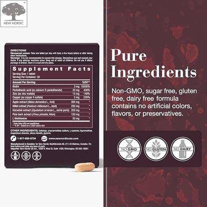 New Nordic Hair Volume Menopause, Supports Healthy Hair Growth During and After Menopause, Pine Bark and Annurca Apple Extract, 30 Tablets