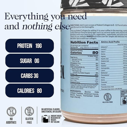 NAKED Chocolate Collagen Peptides Protein Powder, 24 Servings, Pasture-Raised, Grass-Fed Hydrolyzed Collagen Supplement, Paleo Friendly, Non-GMO, Keto, Gluten Free, 20oz