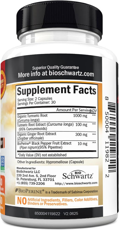Turmeric Curcumin and Ginger Supplement - 95% Standardized Curcuminoids with BioPerine Black Pepper Extract for Ultra High Absorption - Natural Joint Support Supplement - Gluten-Free - 60 Capsules