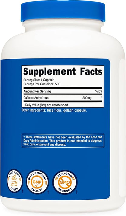 Nutricost Caffeine 500 Capsules, 200mg Per Capsule (2 Bottles)