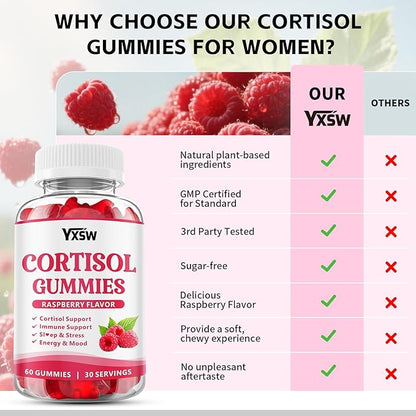 Cortisol Supplements Gummies for Women Sugar-Free Cortisol Gummies with Magnesium Glycinate Ashwagandha Rhodiola Rose Support Relaxation & Focus, Raspberry Flavor, 60 Count