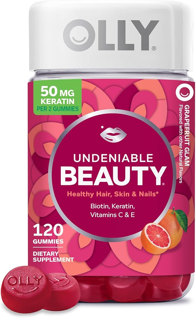 OLLY Undeniable Beauty Gummy, for Healthy Hair, Skin & Nails,* Biotin, Vitamins C & E, Keratin, Chewable Supplement, Grapefruit Flavored, 60 Day Supply - 120 Count