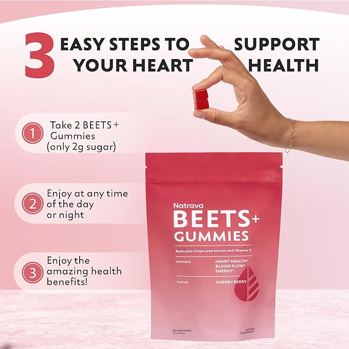 Natrava Beets+ Gummies - Premium Beet Root Powder, Grape Seed Extract and Vitamin C - Supports Healthy Blood Pressure and Heart Health - Low Sugar Nitric Oxide and Circulation Supplement - 50 Gummies